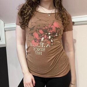 y2k american eagle brown and pink rose graphic top small